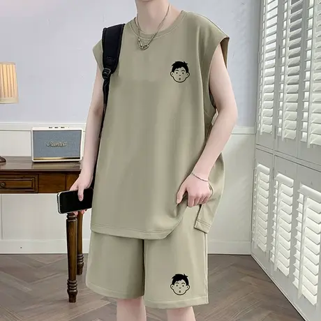 背心男士夏季套装潮牌冰丝无袖t恤男运动休闲坎肩男一套搭配帅气商品大图