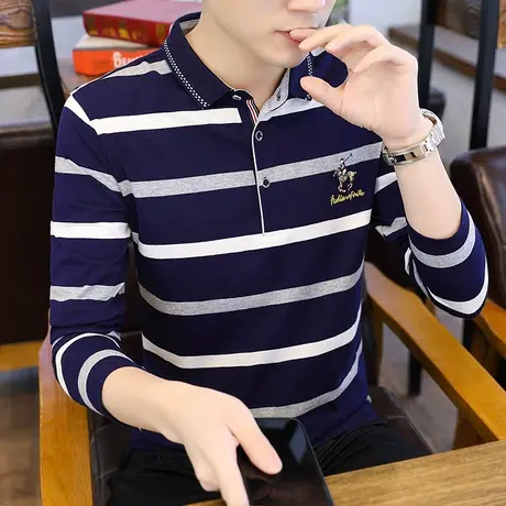 长袖t恤男士春装新款2023年衬衫领POLO衫条纹潮流带领修身丅体桖商品大图