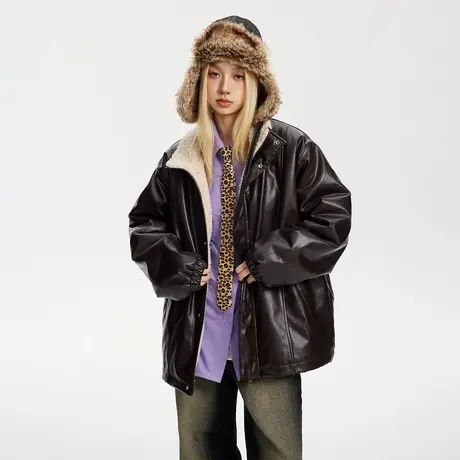 美式街头风PU皮棉服女冬季加厚羊羔毛外套2023年新款复古宽松棉衣商品大图