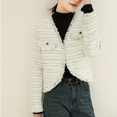 韩潮袭人法式小香风V领短外套女2023秋冬新款高级感休闲小西装图片