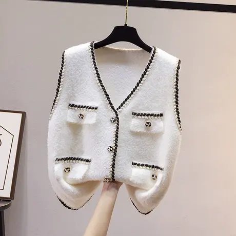 水貂绒针织马甲背心外穿2024年春季新款V领小香风女开衫毛衣外套图片
