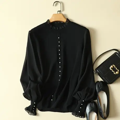 春装女2024年新款雪纺袖冰丝针织衫女长袖宽松上衣洋气蕾丝打底衫图片