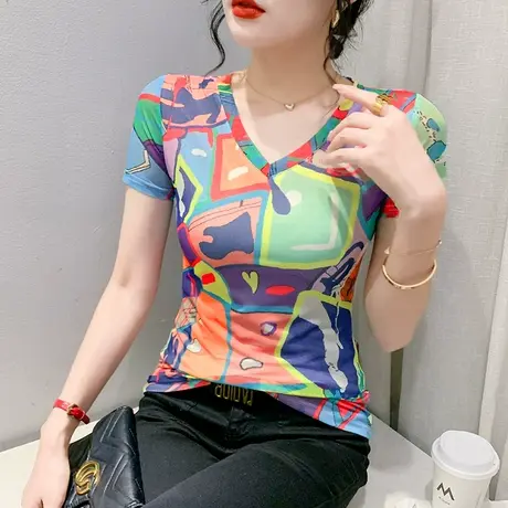 涂鸦印花T恤女短袖2024夏装新款性感V领网纱小衫修身显瘦洋气上衣图片