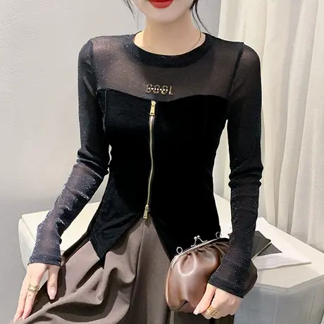 秋冬2024新款T恤女长袖性感网纱拉链拼接开叉上衣洋气修身打底衫商品大图
