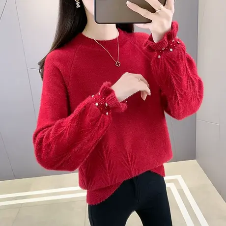 本命年红色毛衣打底衫女秋冬2023新款洋气内搭圆领钉珠亮片高级感图片