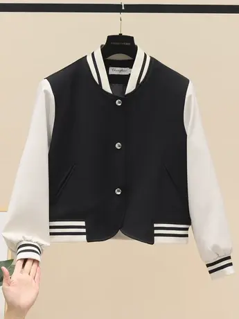 立领短款棒球服外套女春秋新款撞色宽松休闲小众长袖夹克开衫上衣商品大图