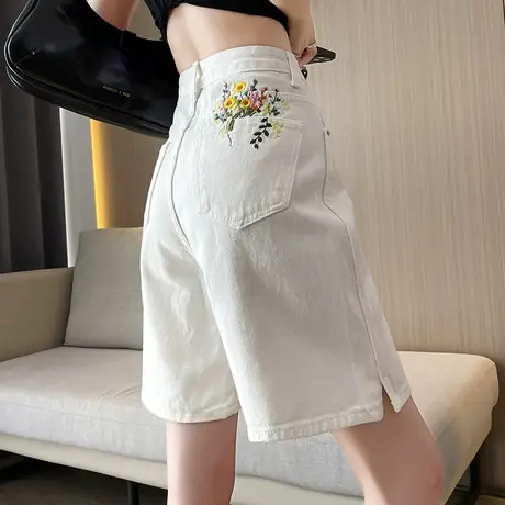 绣花开叉牛仔五分短裤女夏季薄款高腰设计感显瘦宽松白色直筒中裤商品大图