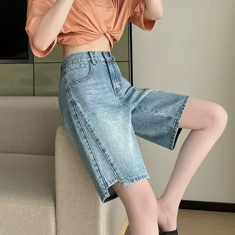 蓝色牛仔短裤女五分2023夏季薄款高腰a字宽松显瘦小个子阔腿中裤商品大图
