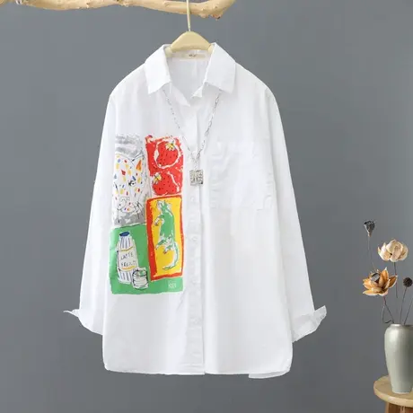 春装2023新款韩版长袖印花气质衬衫女宽松小众打底衬衣纯棉上衣商品大图