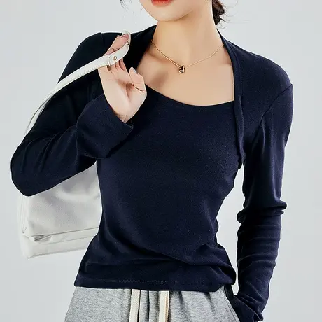 方领紧身长袖T恤女2022春秋短款性感锁骨薄款打底衫修身内搭上衣商品大图