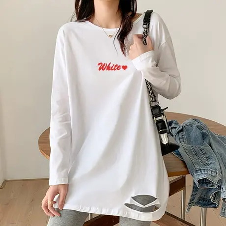 白色内搭中长款打底衫长袖T恤女2022秋装韩版宽松慵懒风破洞上衣图片
