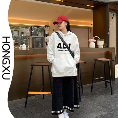 红续秋冬季简约通勤连帽上衣加厚加绒2023新款小众印花卫衣百搭潮商品大图