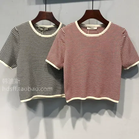 2023春装韩国新款弹力修身显瘦细横条纹短款针织衫女套头百搭上衣图片