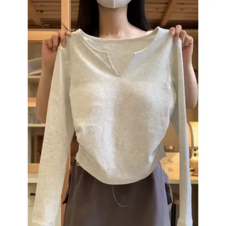 V领长袖T恤女春秋季修身显瘦内搭收腰打底小衫 小个子短款上衣服商品大图