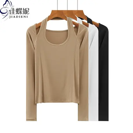 秋冬新款韩版挂脖性感纯欲修身纯色纯棉长袖体恤上衣内搭女打底衫商品大图