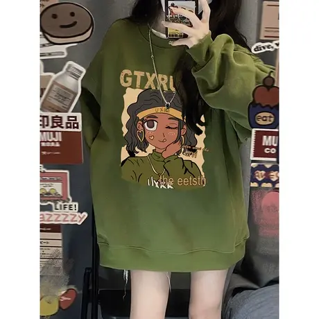 美式复古oversize绿色卫衣女加绒ins潮牌大码秋冬街头风圆领上衣商品大图