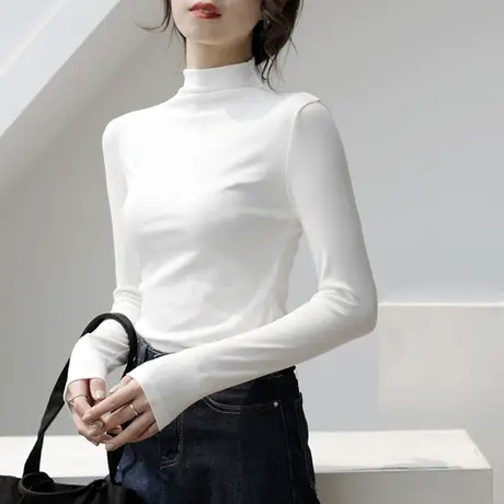 2024新款春秋冬季新款半高领打底衫白色内搭洋气长袖t恤女上衣服商品大图