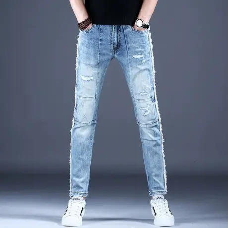 夏天破洞拼接牛仔裤男款美式高街2023秋冬薄款裤子男修身小脚潮牌商品大图