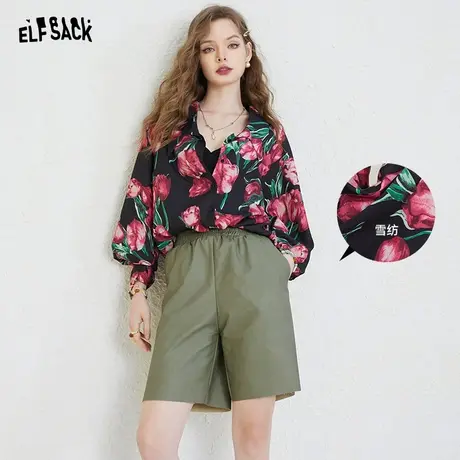 妖精的口袋雪纺上衣花衬衫女2023夏季新款polo领宽松防晒长袖衬衣图片