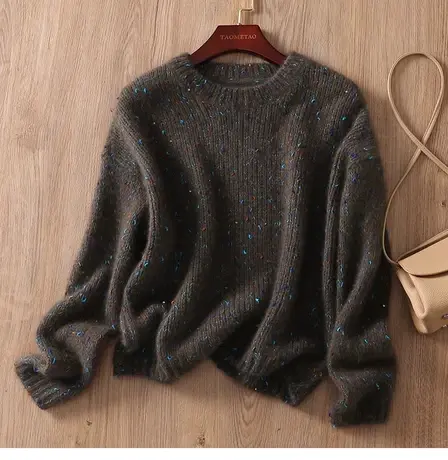 享永子【浣熊绒新秋限定】夹花纱亮片宽松圆领上衣毛衣针织衫女秋图片