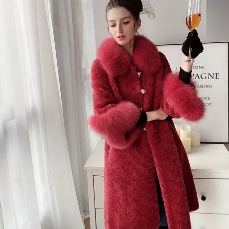 粉红大布娃娃保暖狐狸毛领长款加厚过年战袍皮草外套冬女图片