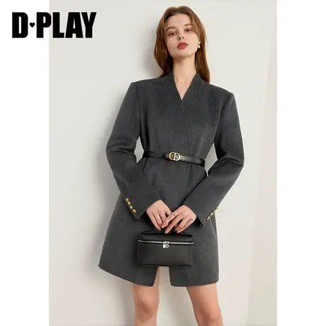 DPLAY冬名媛V领正肩深灰色15%山羊绒双面毛呢大衣女图片