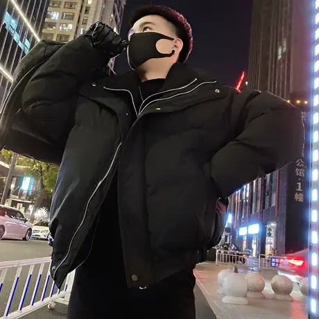 潮牌棉衣男冬季2023个性拼接设计感立领纯色双拉链假两件棉服外套图片