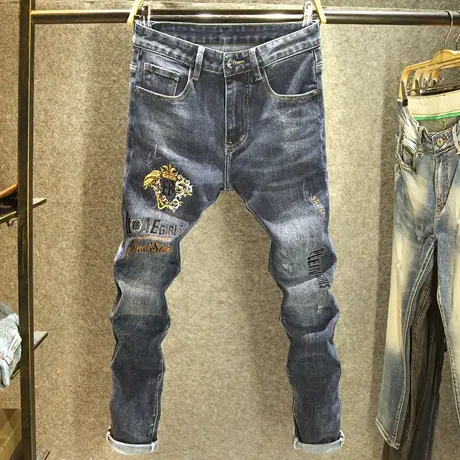 欧洲站大牌刺绣牛仔裤男款修身弹力小脚裤高端潮牌水洗猫须长裤子图片