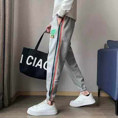 小脚条纹卫裤男秋冬季加绒运动裤潮牌加厚男裤2023裤子痞帅休闲裤商品大图