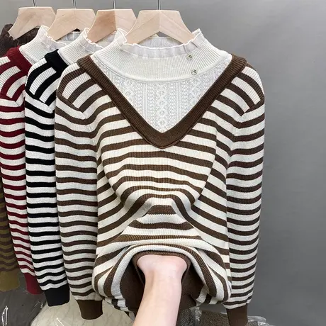 半高领毛衣女蕾丝条纹打底衫2023秋冬新款假两件针织衫内搭上衣潮图片