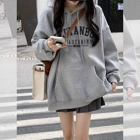 美式复古灰色卫衣连帽女2024秋冬新款爆款设计感百搭长袖加厚外套商品大图