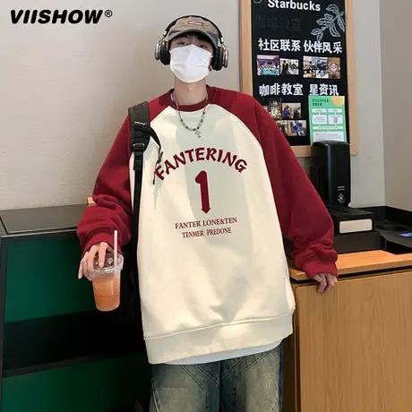 VIISHOW插肩长袖卫衣男2024春新款重磅圆领上衣美式宽松套头外套商品大图