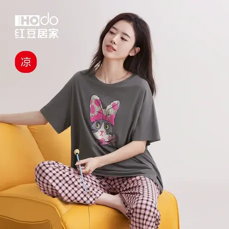 红豆凉感莫代尔睡衣女士短袖长裤宽松半袖薄款休闲韩版家居服套装商品大图