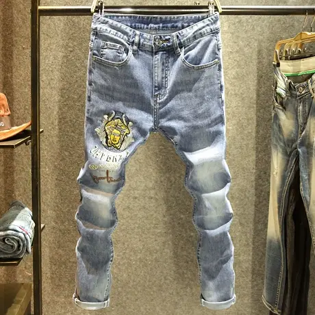 2024新款时尚欧货牛仔裤男弹力修身小脚裤高端大牌刺绣欧洲站裤子图片