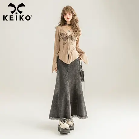 KEIKO 甜辣妹蝴蝶印花拉链开衫女2024春夏废土风修身显瘦长袖上衣图片