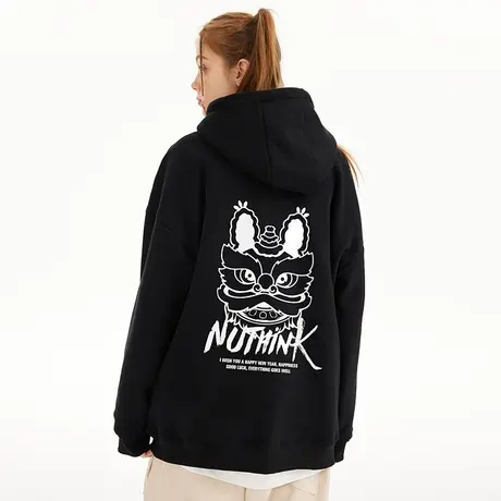 Nuthink新年本命年国潮醒狮连帽卫衣男潮中性风加绒加厚宽松外套商品大图