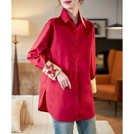 宝诗黎钉珠提花拼接棉质衬衫2024春季新款通勤百搭红色长袖衬衣女商品大图