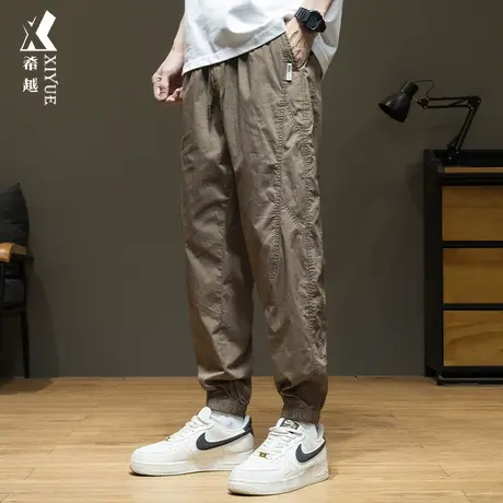 希越褶皱感速干拼接休闲裤男2024春季新款宽松大码男士美式束脚裤商品大图