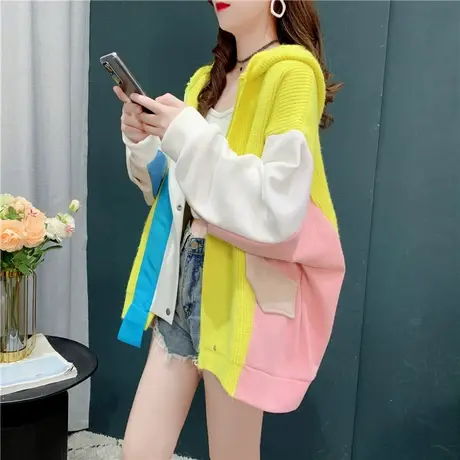 卫衣拼接毛衣开衫女2021新款早秋宽松设计感慵懒风针织外套上衣潮商品大图