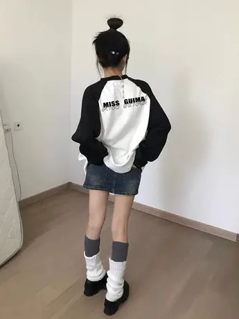 纯棉长袖t恤女秋季2023新款拼色小众设计感宽松插肩袖打底衫上衣图片