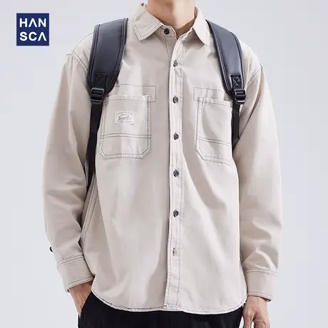 hansca衬衫男长袖纯色美式复古潮流百搭青少年痞帅春季休闲外套男商品大图