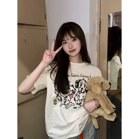 小众潮牌杏色斑点小狗字母印花T恤女夏季甜美遮屁股打底内搭上衣图片