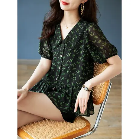 宝诗黎娃娃领印花雪纺衬衫女2024年夏季新款短袖时尚宽松减龄上衣商品大图