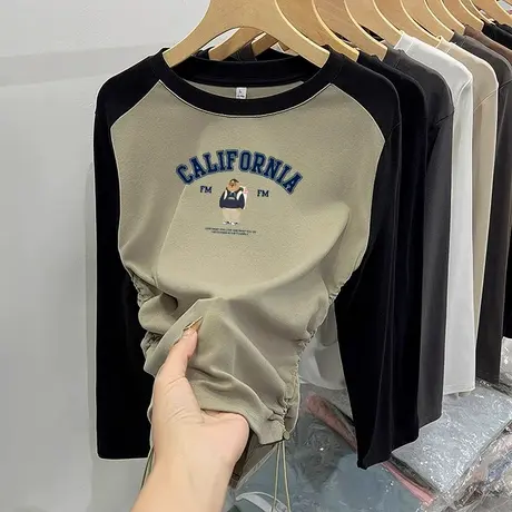 撞色圆领长袖t恤女春秋纯棉正肩设计感小众别致美式上衣抽绳收腰商品大图