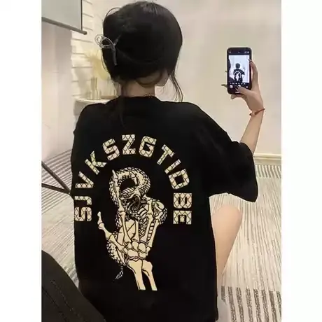 美式正肩短袖T恤女2024夏季新款宽松大版小众设计感纯棉半袖上衣商品大图