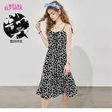 妖精的口袋黑色雪纺碎花吊带连衣裙女2023春夏新款气质高级感裙子图片