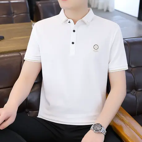 烫钻刺绣字母胸标POLO衫男纯色夏季休闲短袖T恤衫半袖衬衫领上衣商品大图