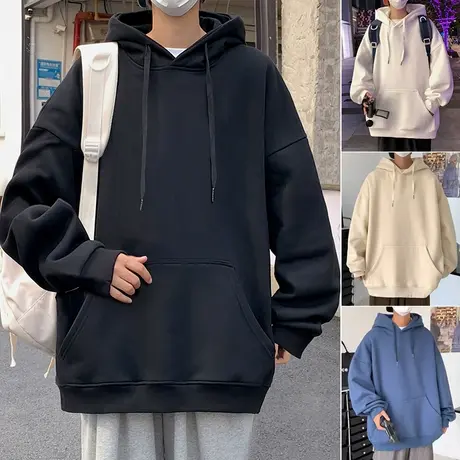 港风重磅卫衣男生秋冬季套头情侣帽衫连帽外套ins潮牌宽松纯色款商品大图