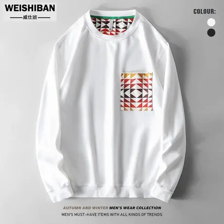 春装几何拼色圆领套头卫衣男2022年潮流高级感男女ins宽松上衣男图片