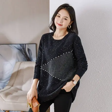 伊自尚2023早秋大码女装慵懒风毛衣显瘦胖mm港味复古chic圆领上衣商品大图